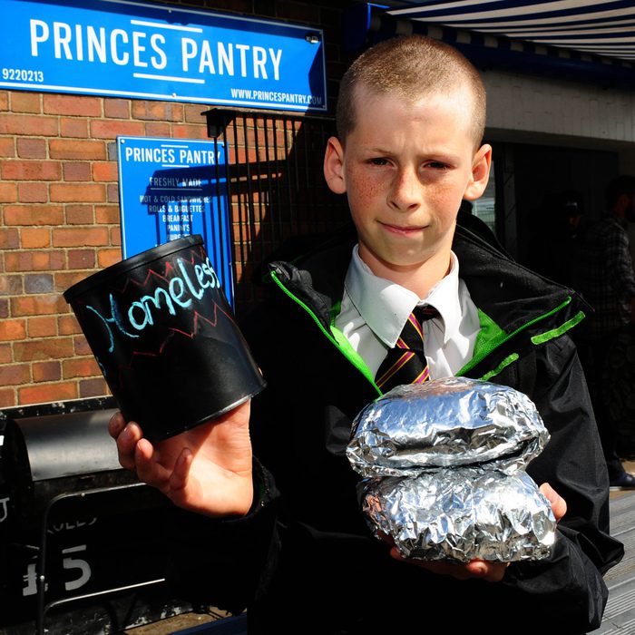 Hamish Anderson outside Princes Pantry in Bristol. See SWNS story SWSOUP; A selfless teenager who spends his pocket money on sandwiches for the homeless has set up a fundraising page to help feed more people. Every morning 13-year-old Hamish Anderson pauses on his bike ride to school to buy one bacon and one sausage sandwich for two homeless men he has befriended. Since his heart-warming story was featured in the news earlier this month, the schoolboy has been inundated with donations from readers touched by his generosity. Now the teen from Windmill Hill has set up a GoFundMe page with the aim of buying sandwiches for more rough sleepers, and has so far collected almost £400 towards his campaign.